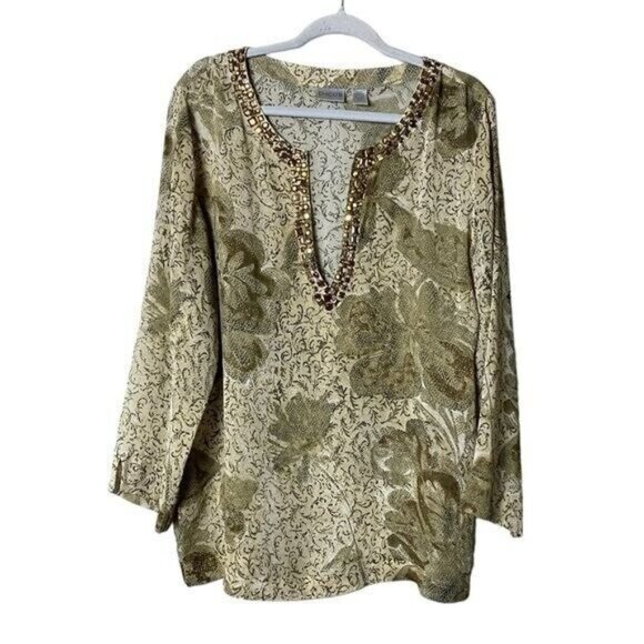 Chicos Silk Blouse Large Floral Artsy Embellished Fairycore Bohemian Whimsigoth - Picture 1 of 9